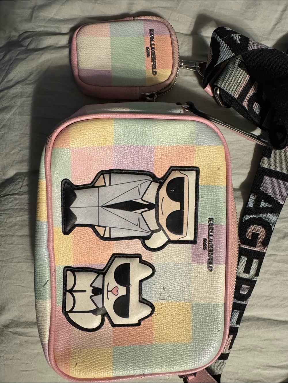 Karl Lagerfeld Pastel Plaid Crossbody Bag with Character Patches